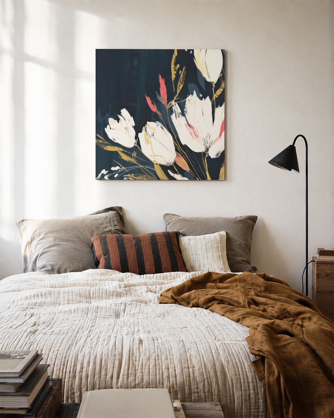 Bloemrijke expressie kunstwerk – detailweergave – dit werk toont een dynamische compositie van bloemen met vloeiende lijnen