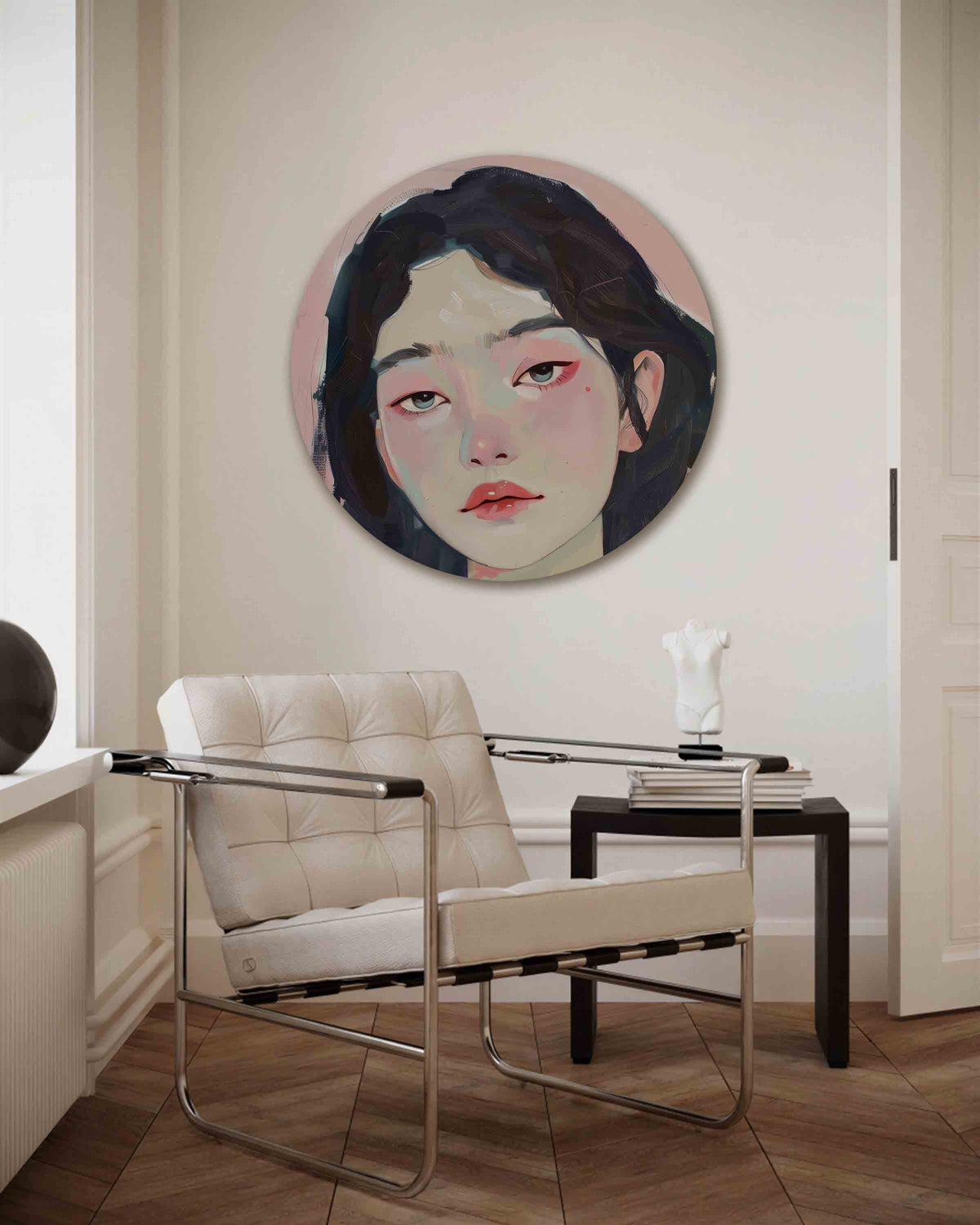 Portret vrouw – kleurrijke muurcirkel als ronde wanddecoratie