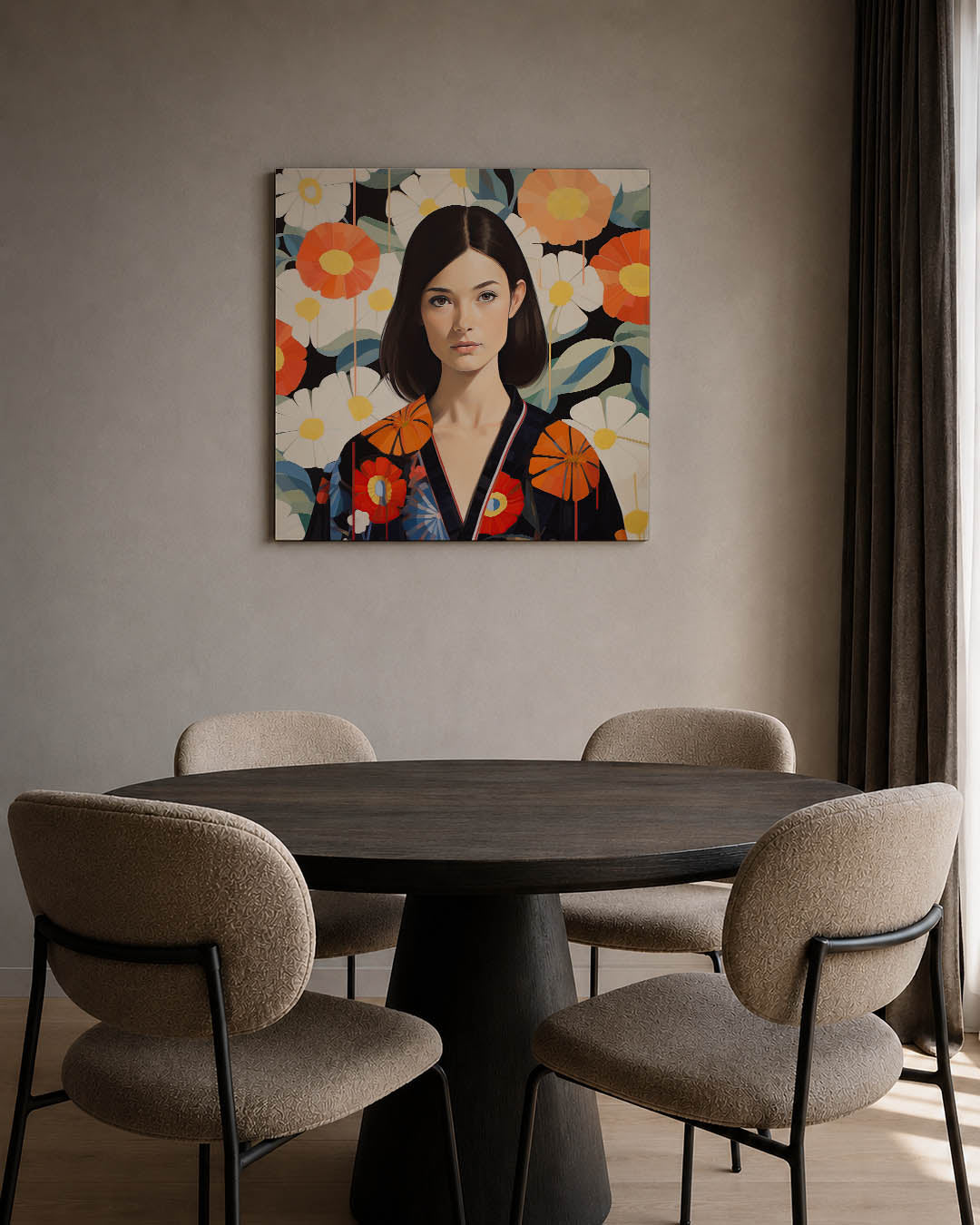 Bloemenportret met patronen kunstwerk – tweede productweergave – dit werk toont een vrouw voor een achtergrond van grote