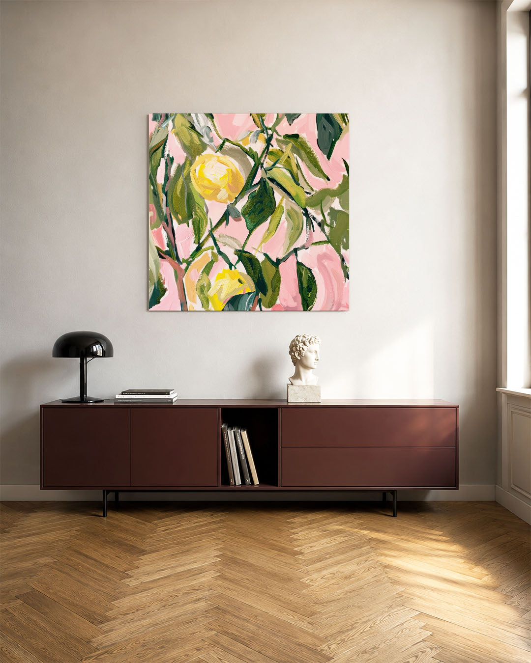 Bloemrijke expressie kunstwerk – tweede productweergave – dit kunstwerk toont een levendige compositie van roze en groene