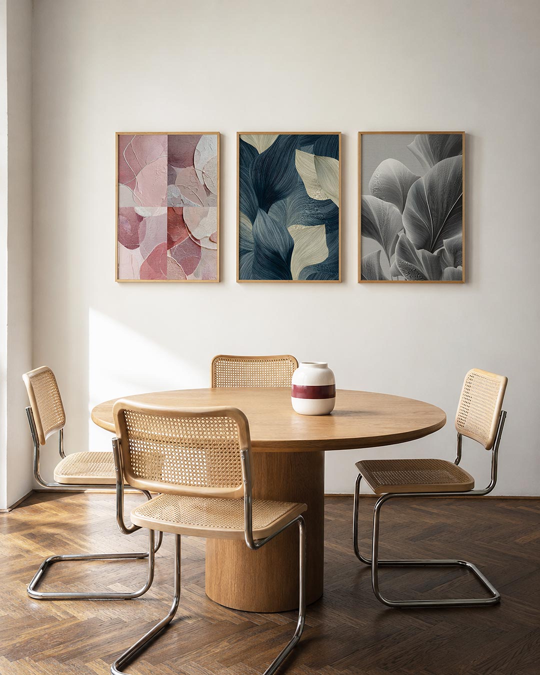 Zachte kleurvlakken driedelige posterset in interieur