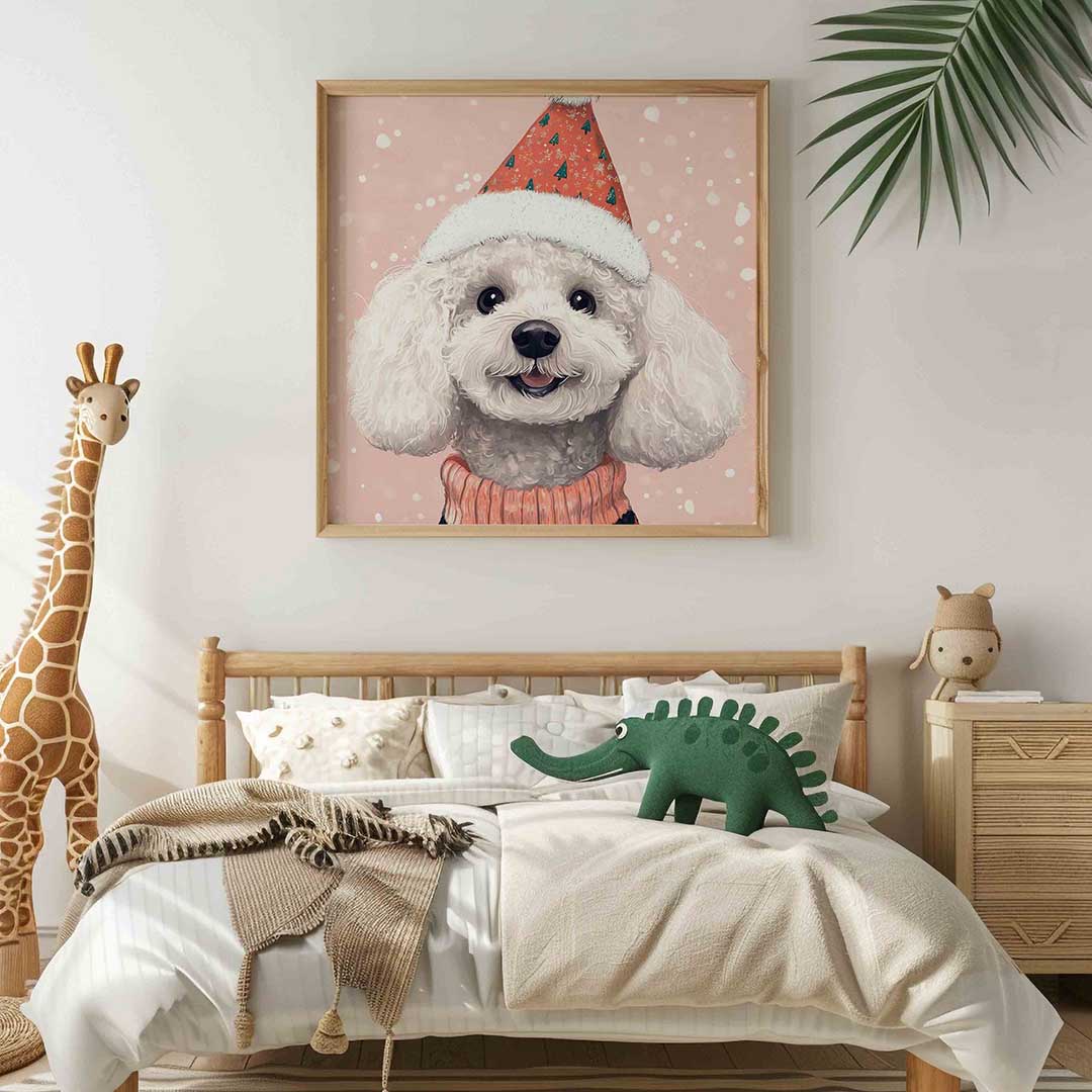 Hond met feestmuts – vierkante kinderkamer wanddecoratie van WallArtistic
