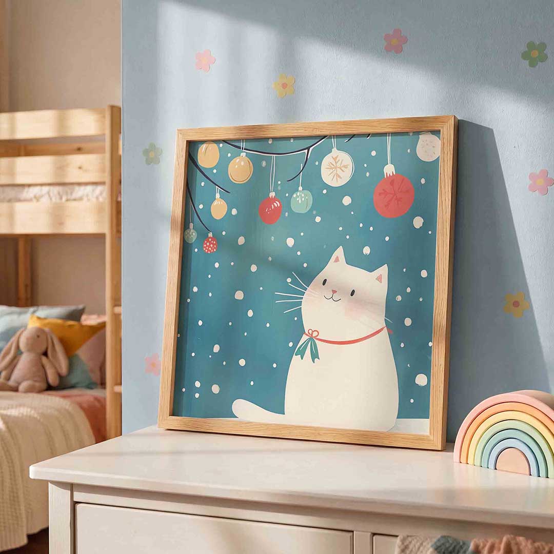 Witte kat met kerstballen – speelse wandkunst als vierkante kinderposter