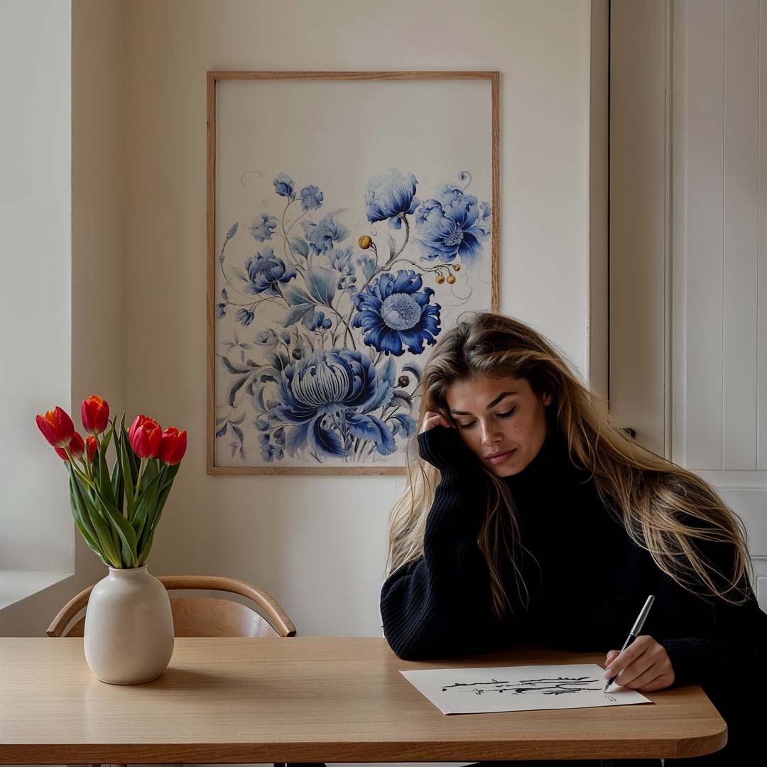 Blauwe bloemen in Delftsblauwe stijl – bloemen poster in staand formaat