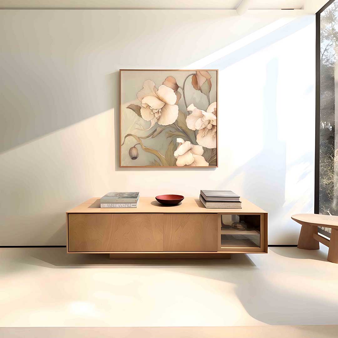 Bloemen in zachte tinten – vierkante bloemen wanddecoratie van WallArtistic