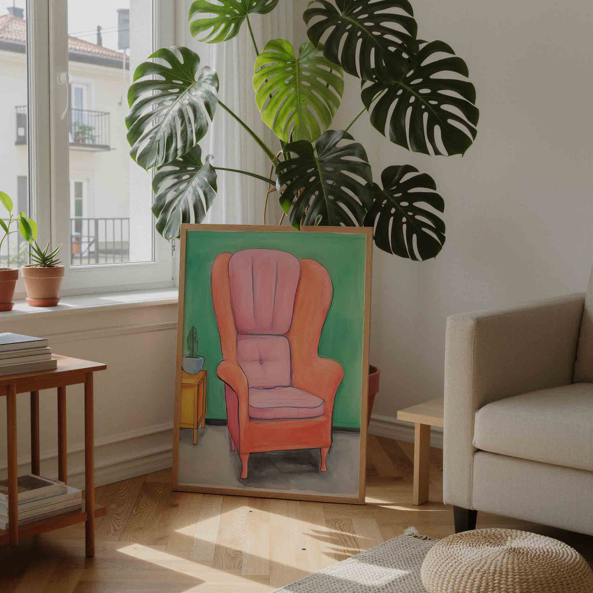 Roze fauteuil – staande botanische wanddecoratie van WallArtistic