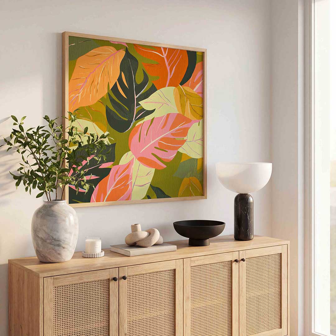 Bladeren patroon – vierkante jungle wanddecoratie van WallArtistic