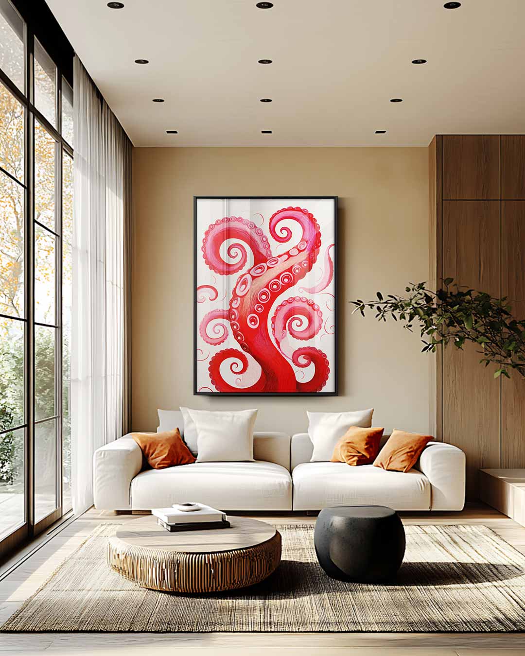 Rode Octopus Tentakel Illusie – staand kunstwerk voor modern interieur