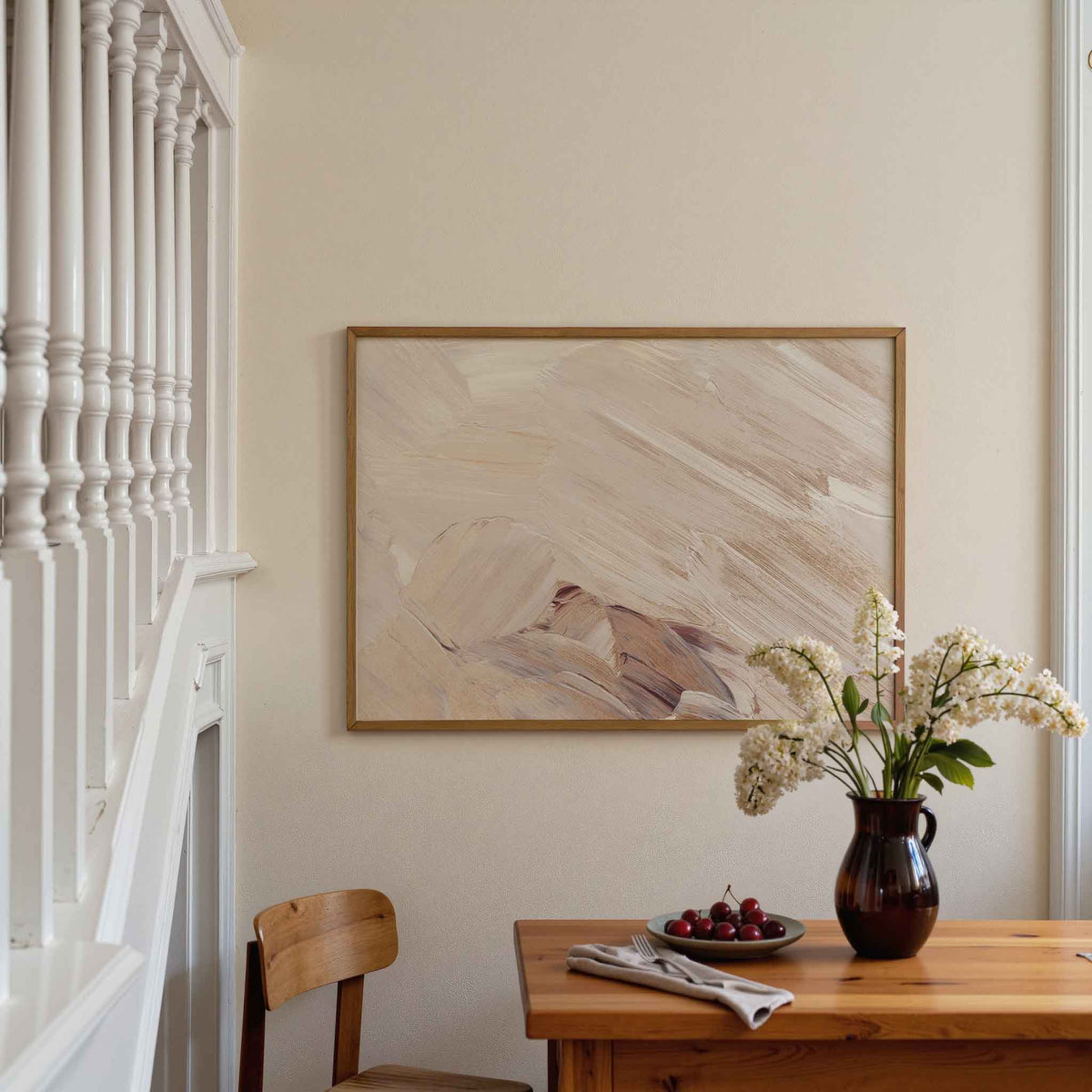 Abstracte beige penseelstreken – artistieke poster in liggend formaat