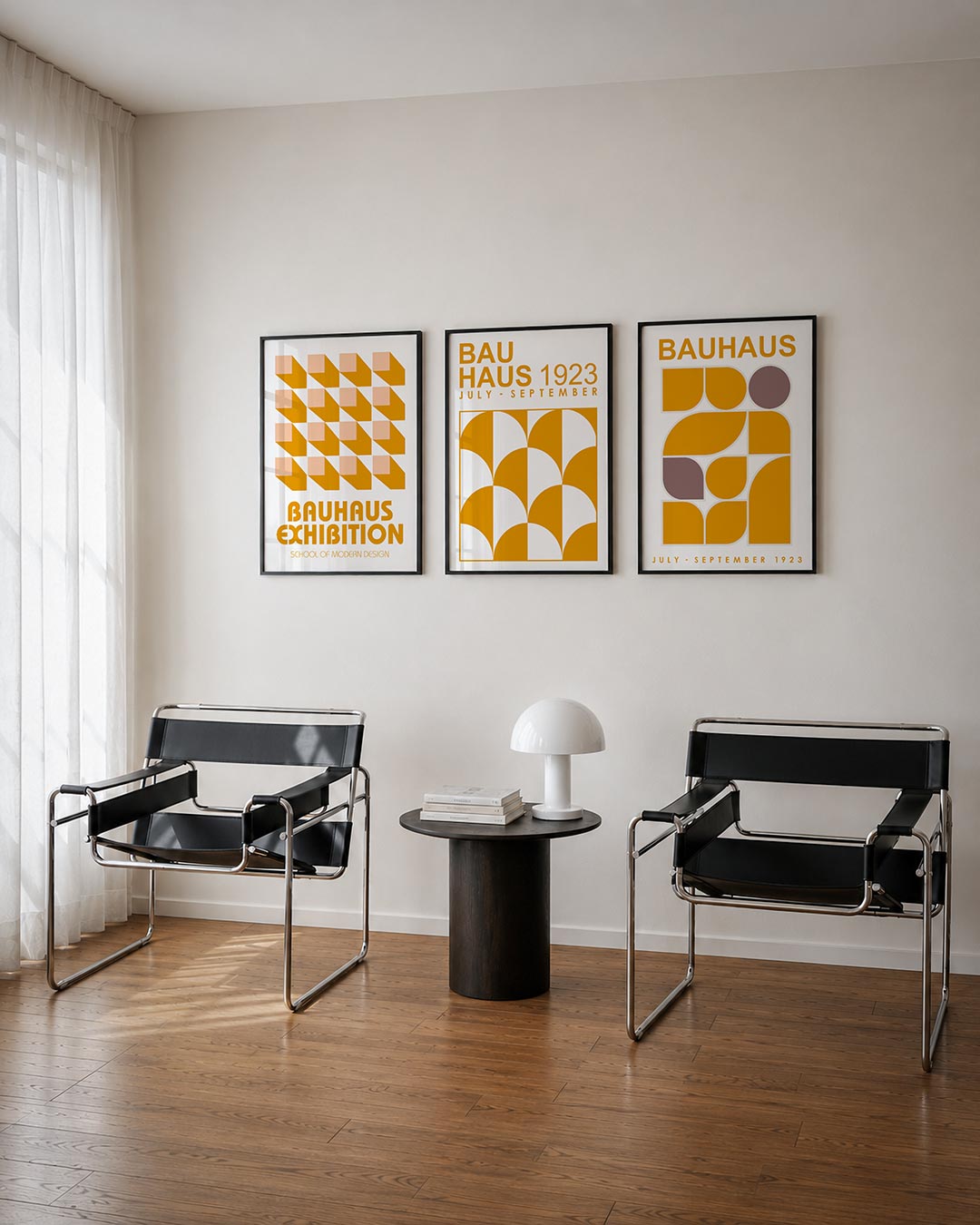 Vormen en schaduwen posterset – derde productweergave – deze posterset in drie delen toont een ritmisch patroon van oranje en