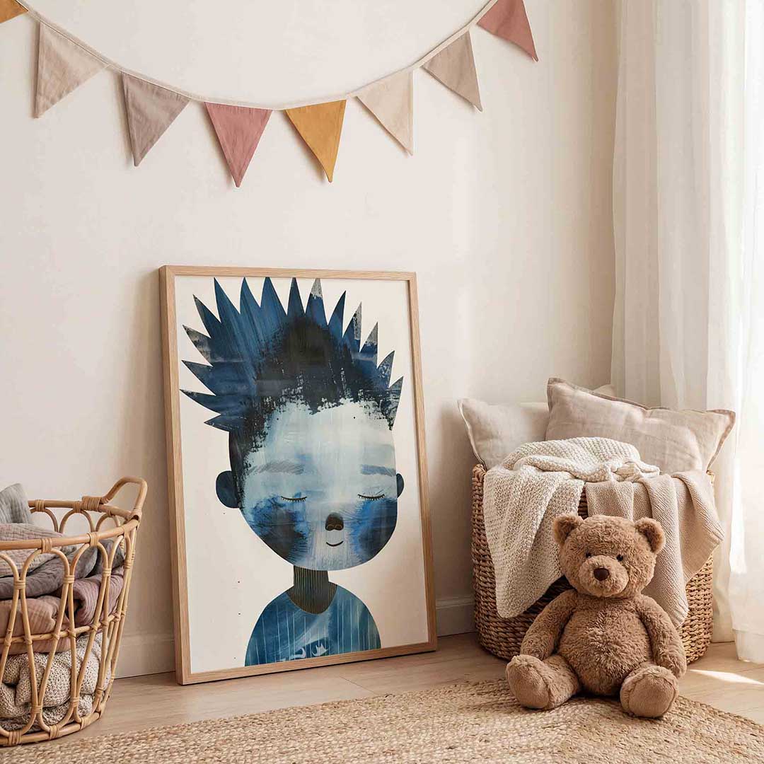 Blauw figuur – speelse wandkunst als portret kinderposter
