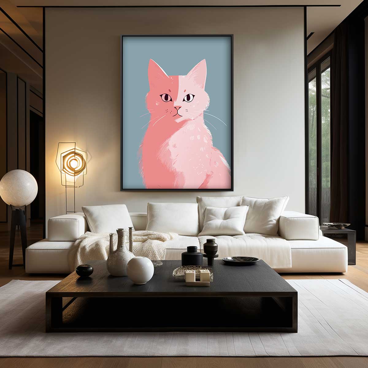 Roze Kat op Blauw Achtergrond – canvas wanddecoratie in portret formaat