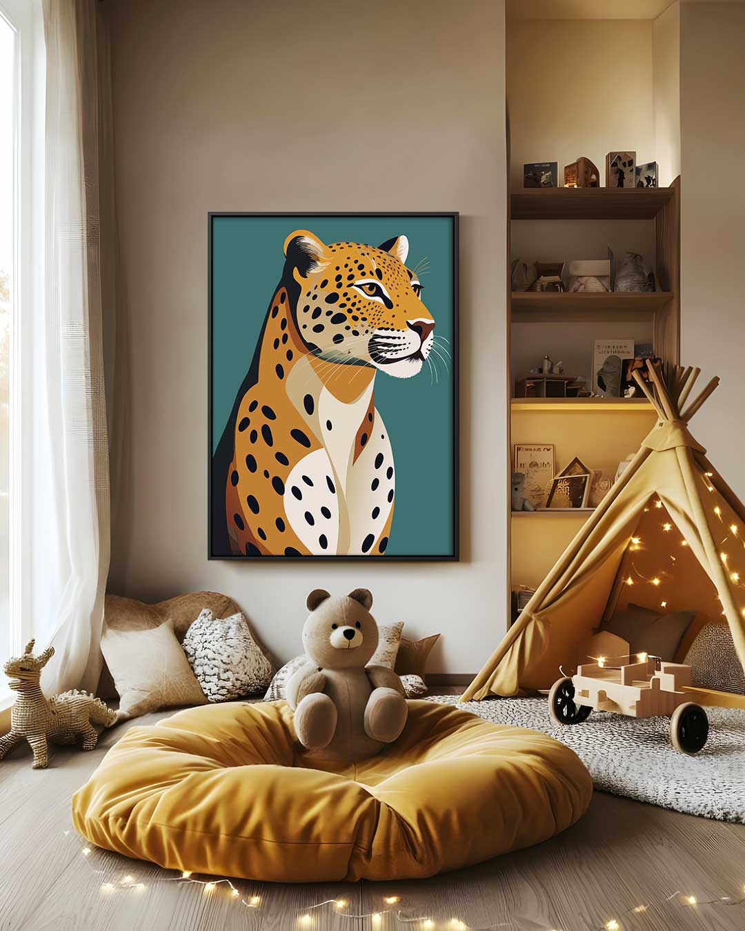 Majestueuze Luipaard op Abstracte Achtergrond – canvas wanddecoratie in portret formaat