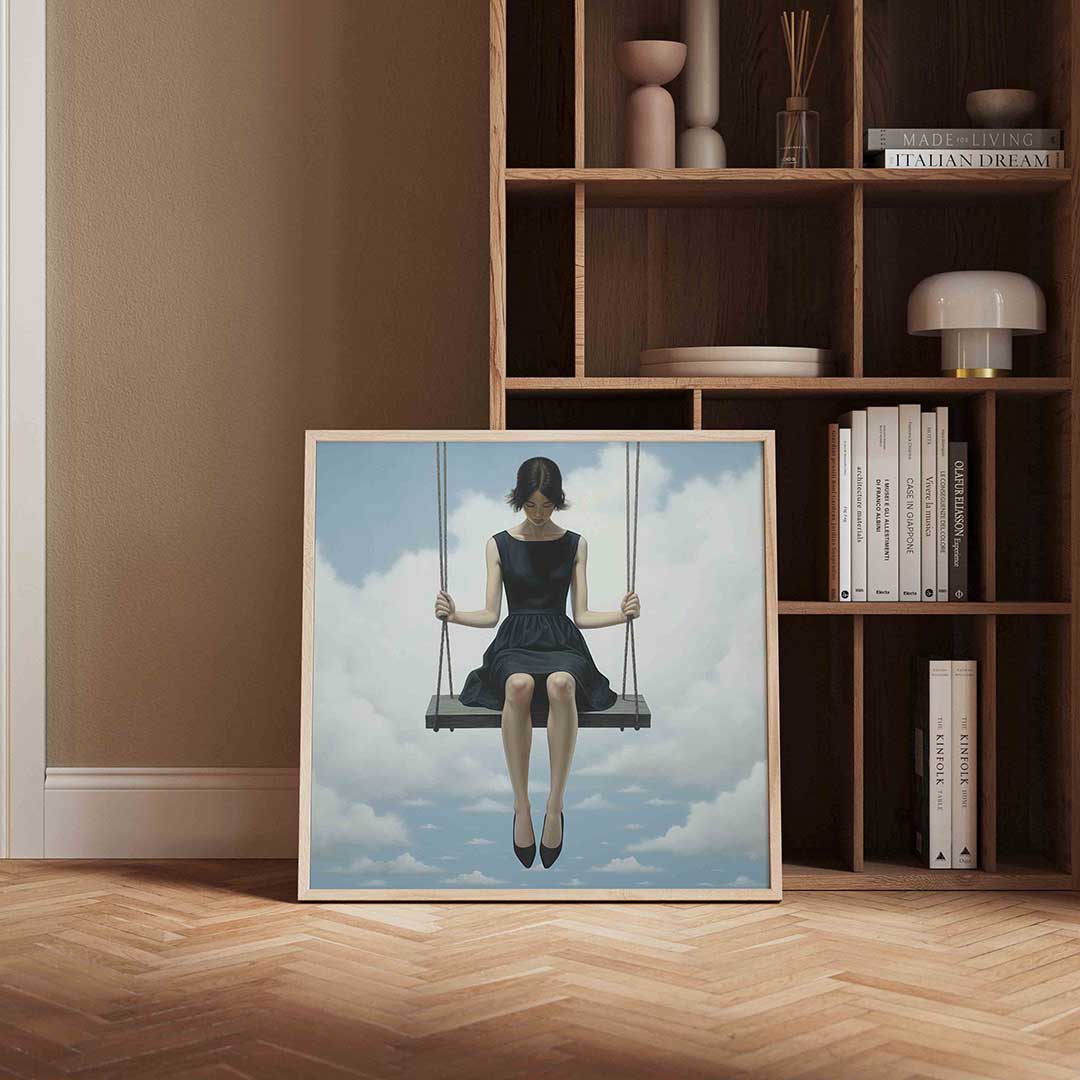 Vrouw op schommel – portret poster in vierkant formaat