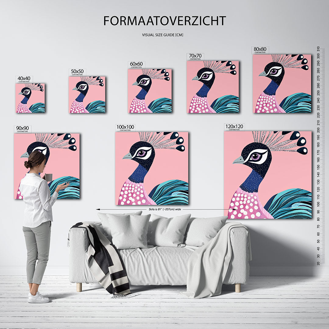 Vrolijke pauw kunstwerk – dit werk toont een kleurrijke pauw met speelse patronen en levendige kleuren. De compositie is