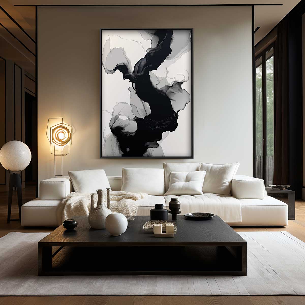 Golvende Zwart-Witte Abstractie – modern portret kunstwerk van WallArtistic