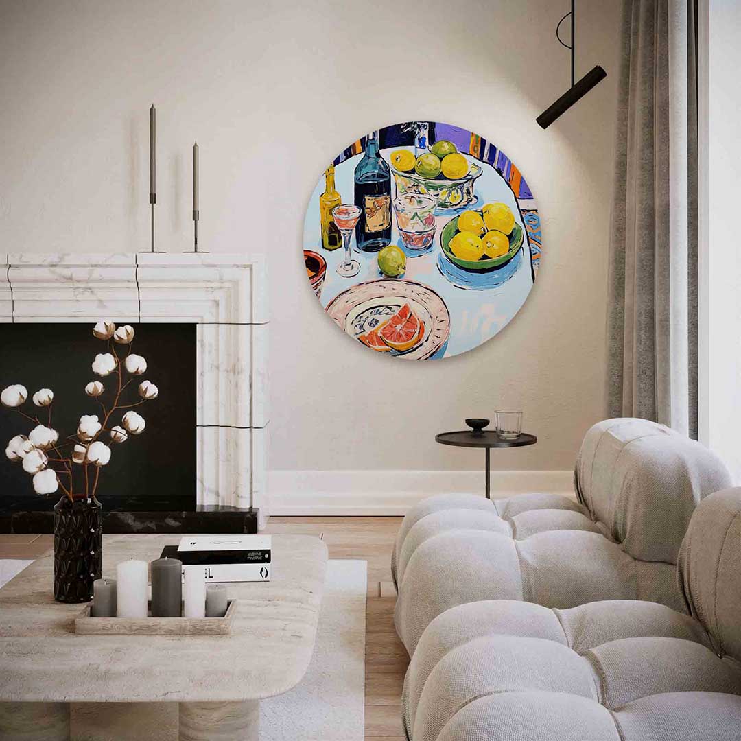 Citrus en flessen op tafel – abstracte textuur muurcirkel als wanddecoratie