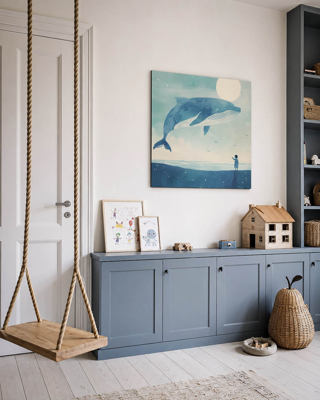 Dromerige walvis kunstwerk – vierkante wanddecoratie – een grote blauwe walvis zweeft boven een kind aan de kust, met een