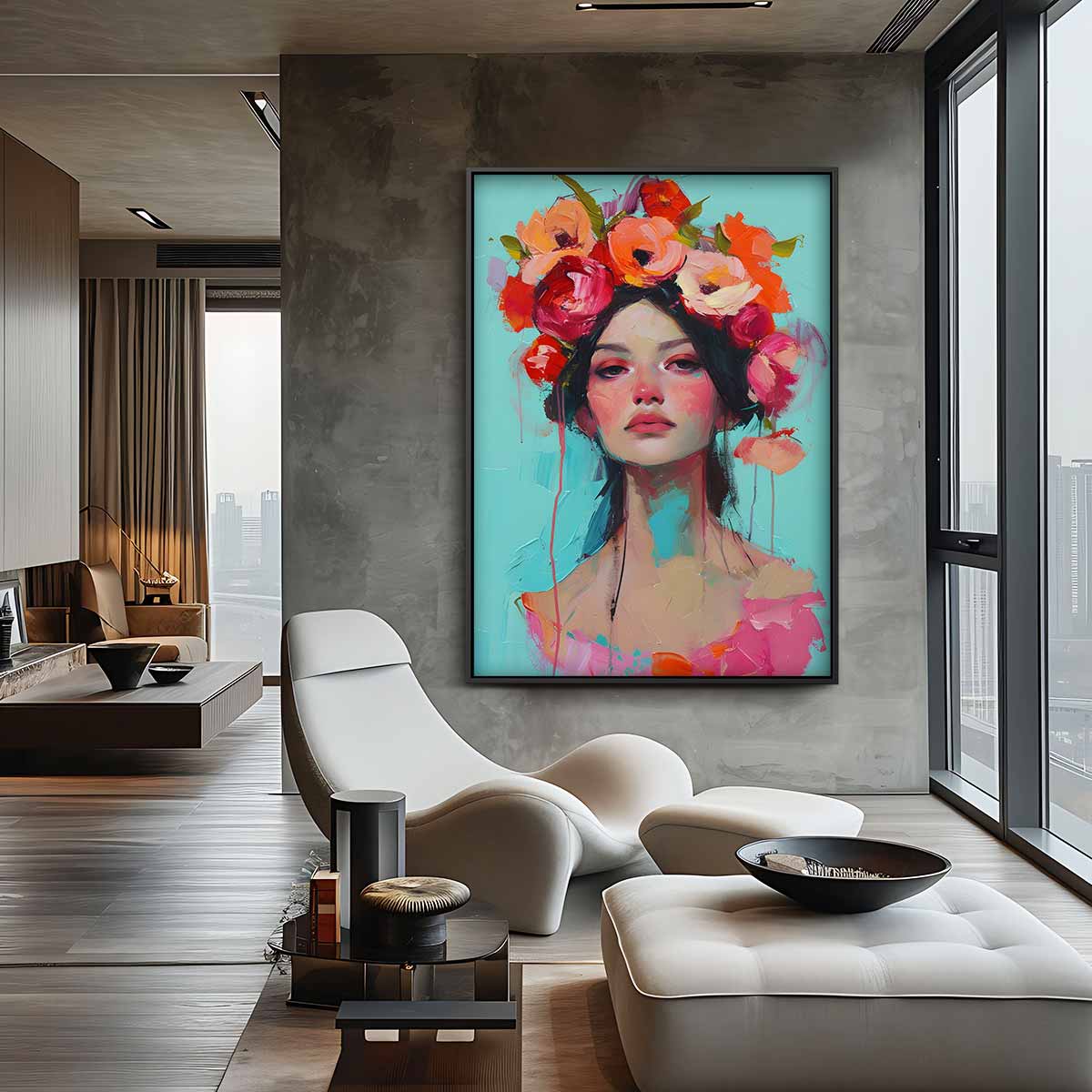 Bloemige Portretpracht – staande wandkunst voor woonkamer of interieur