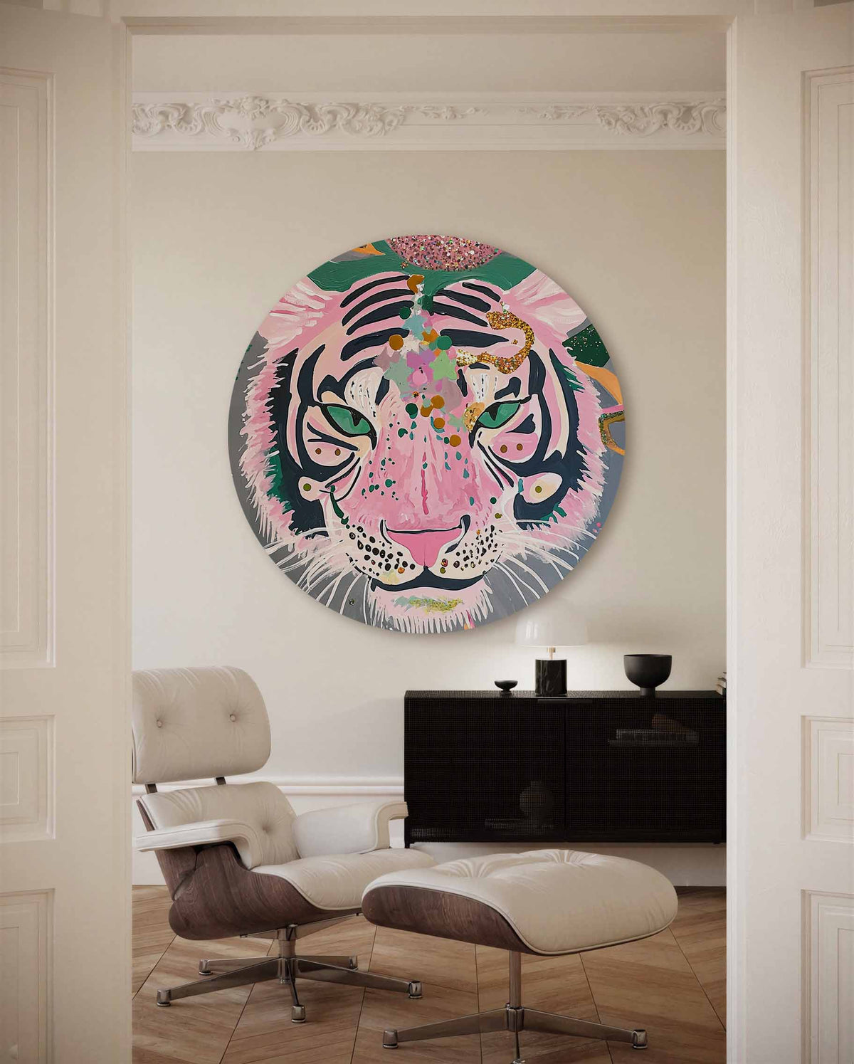 Roze tijger – illustratie muurcirkel als ronde muurdecoratie