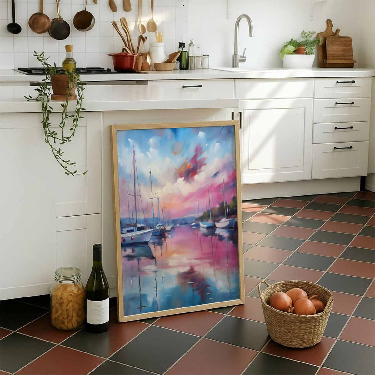 Dromerige Zonsopgang in de Haven – staande muurposter met zomerse uitstraling