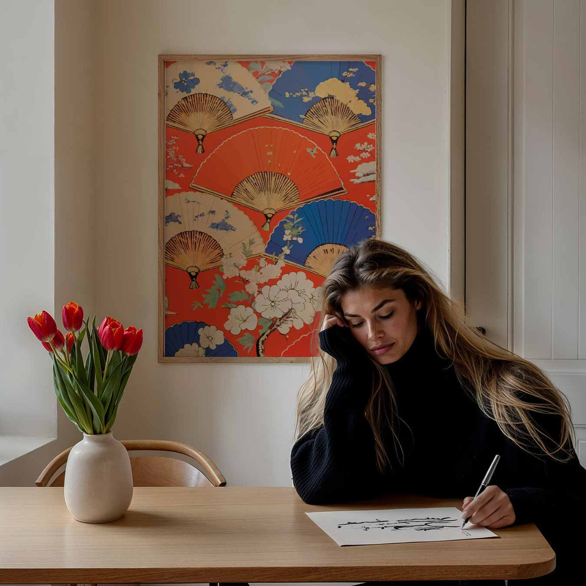 Kleurrijke Waaier en Bloemen – Popart poster als moderne urban wanddecoratie