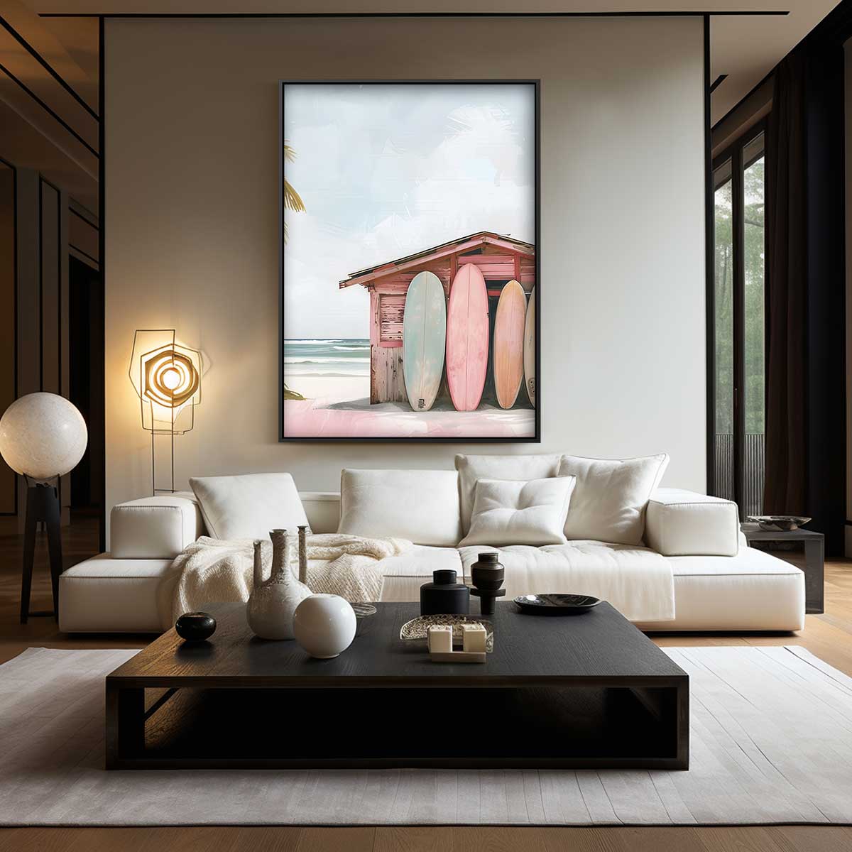 Strandhut met Surfplanken – canvas wanddecoratie in portret formaat