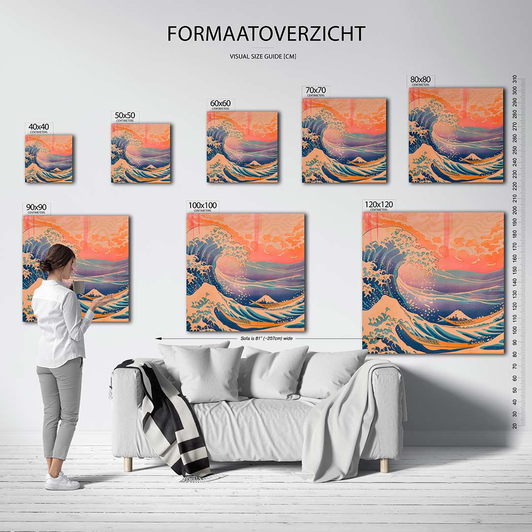 Dynamische golfscène kunstwerk – sfeerbeeld – dit werk toont een krachtige golf met vloeiende lijnen en levendige kleuren. De