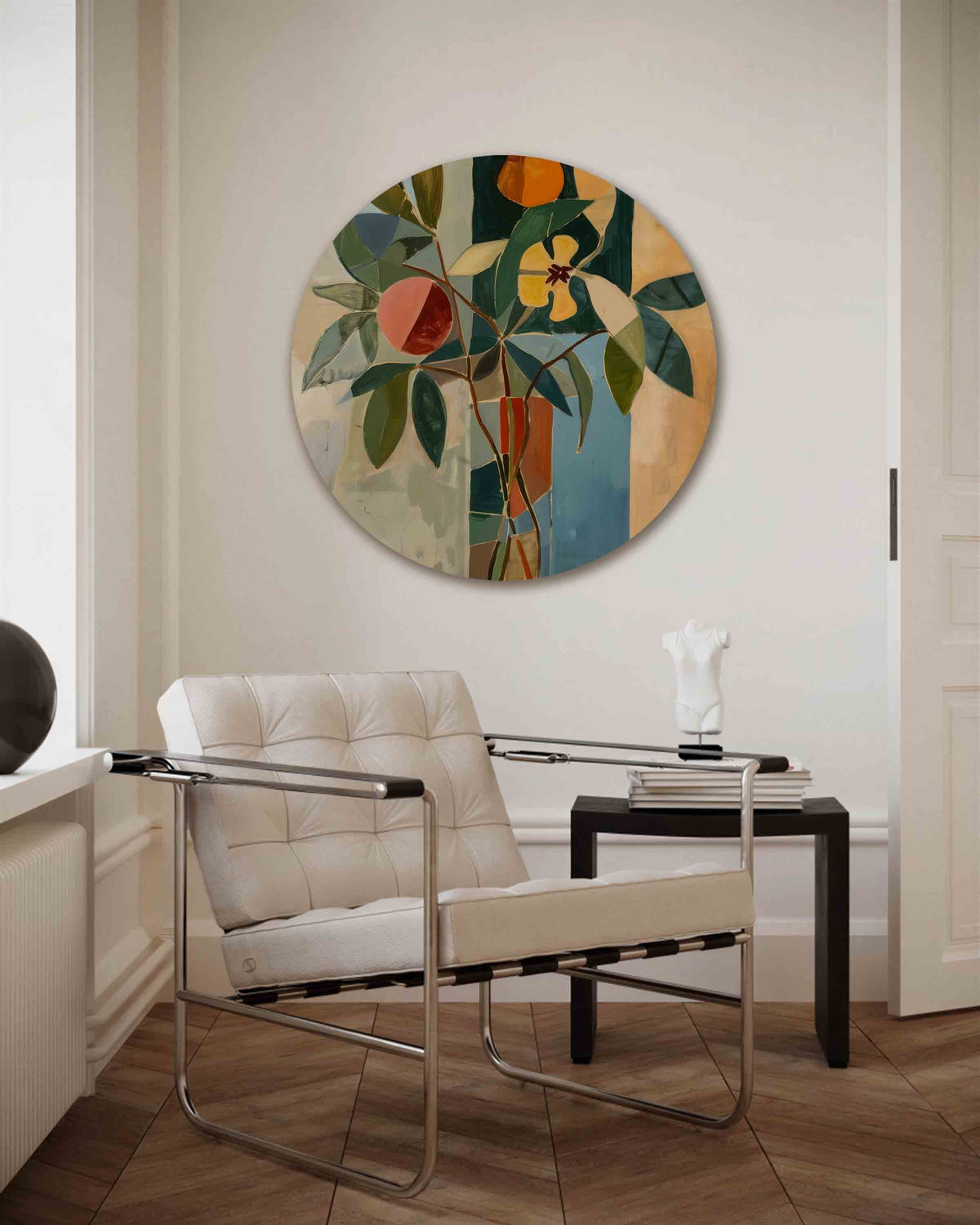 Fruit en bladeren – kleurrijke muurcirkel als ronde wanddecoratie