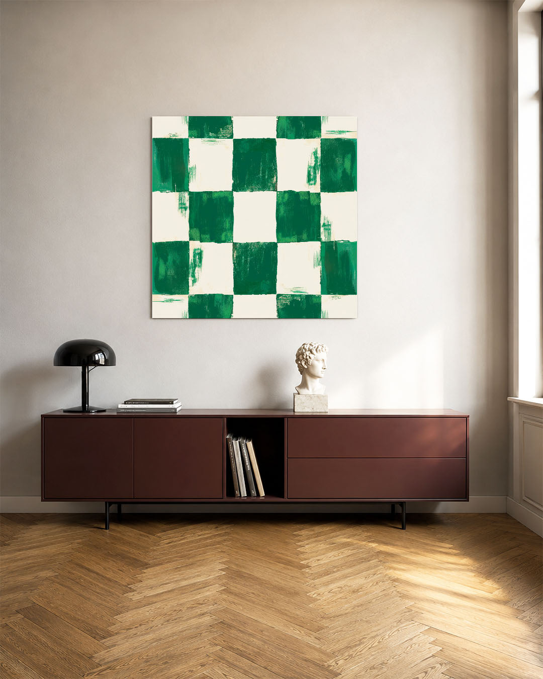 Geometrisch patroon kunstwerk – tweede productweergave – dit werk toont een herhalend patroon van vierkanten in groene en