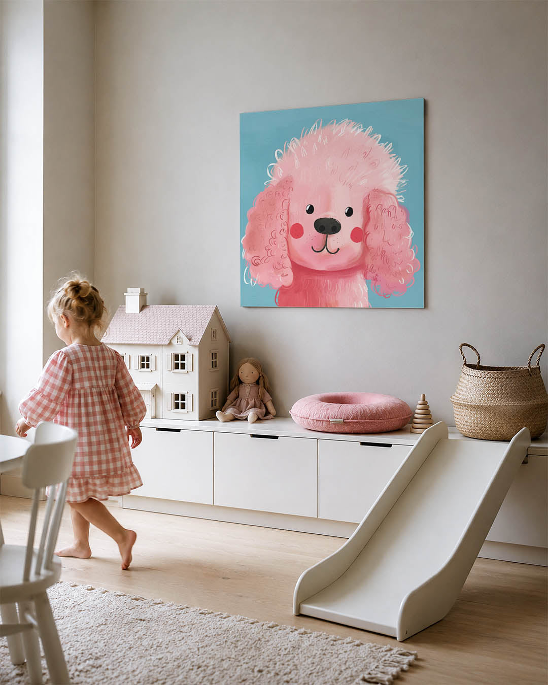 Vrolijke hond kunstwerk – tweede productweergave – dit kunstwerk toont een schattige roze hond met krullend haar tegen een