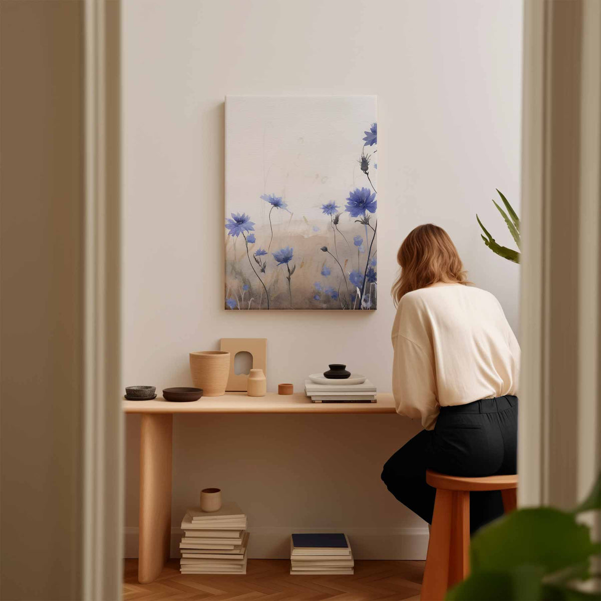 Blauwe Bloemen in Zachte Aquarel – modern portret kunstwerk van WallArtistic