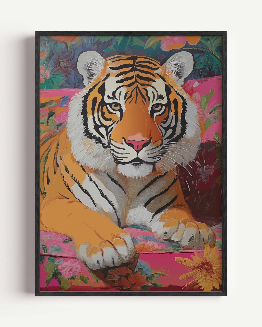 Kleurrijke Tijger op Bloemenbank – dieren portret poster als wanddecoratie