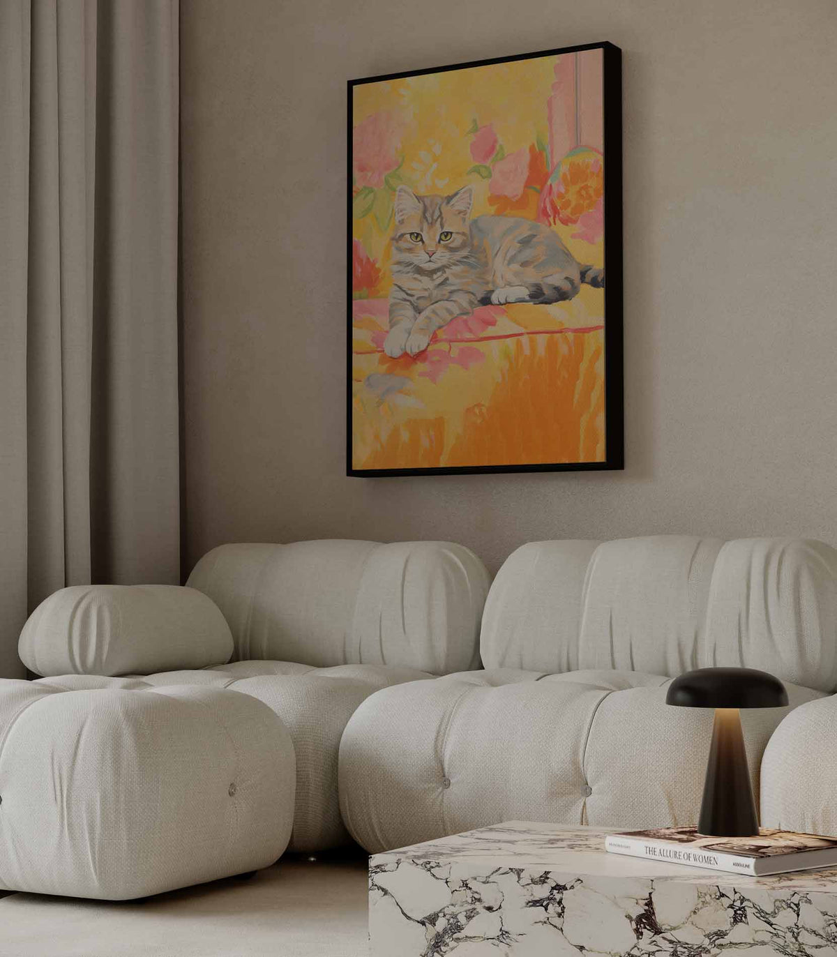 Zomerse Kat in Bloemen – portret wandkunst van WallArtistic
