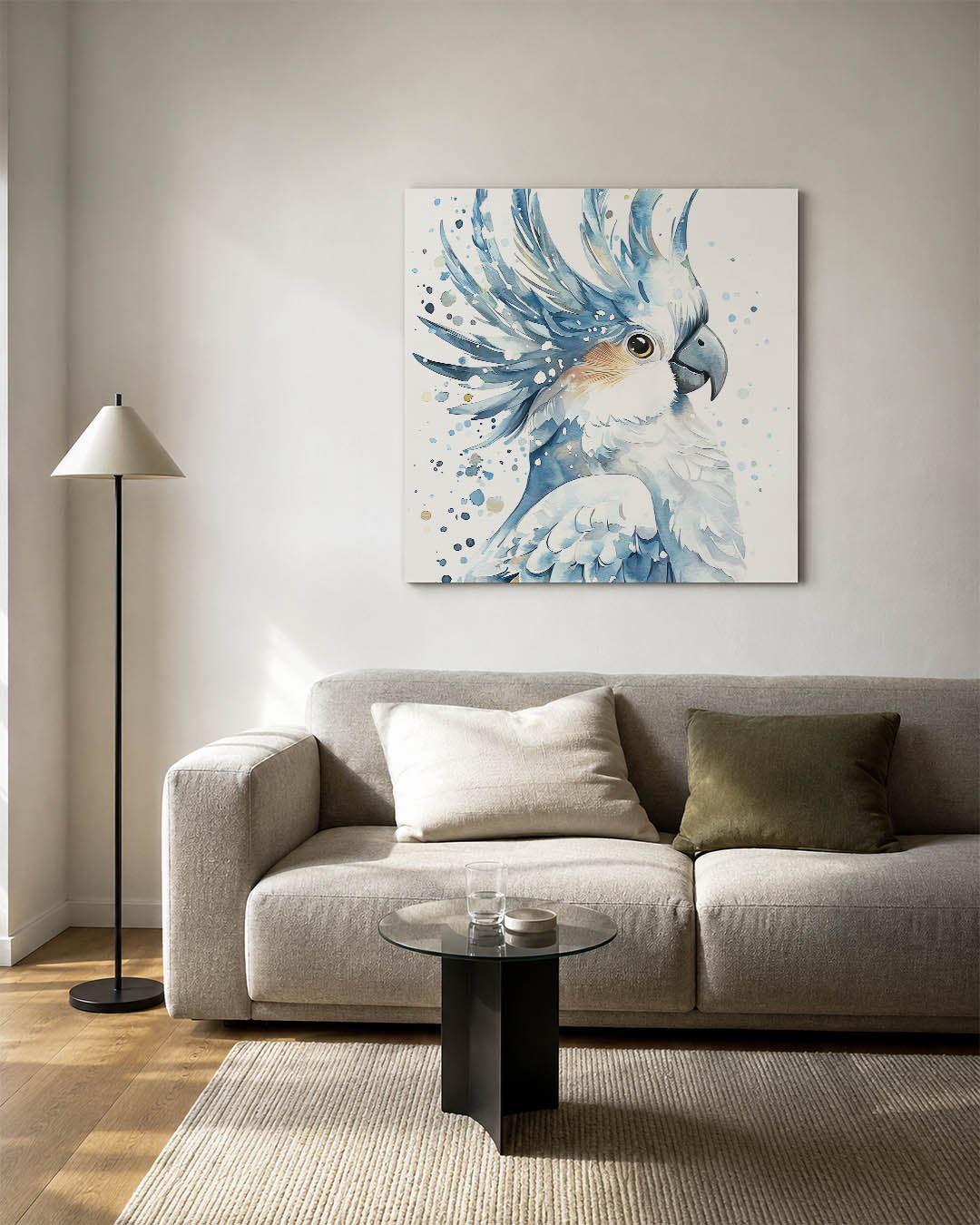 Vogelsilhouet in blauwtinten kunstwerk – detailweergave – dit werk toont een vogel met sierlijke blauwe veren en subtiele