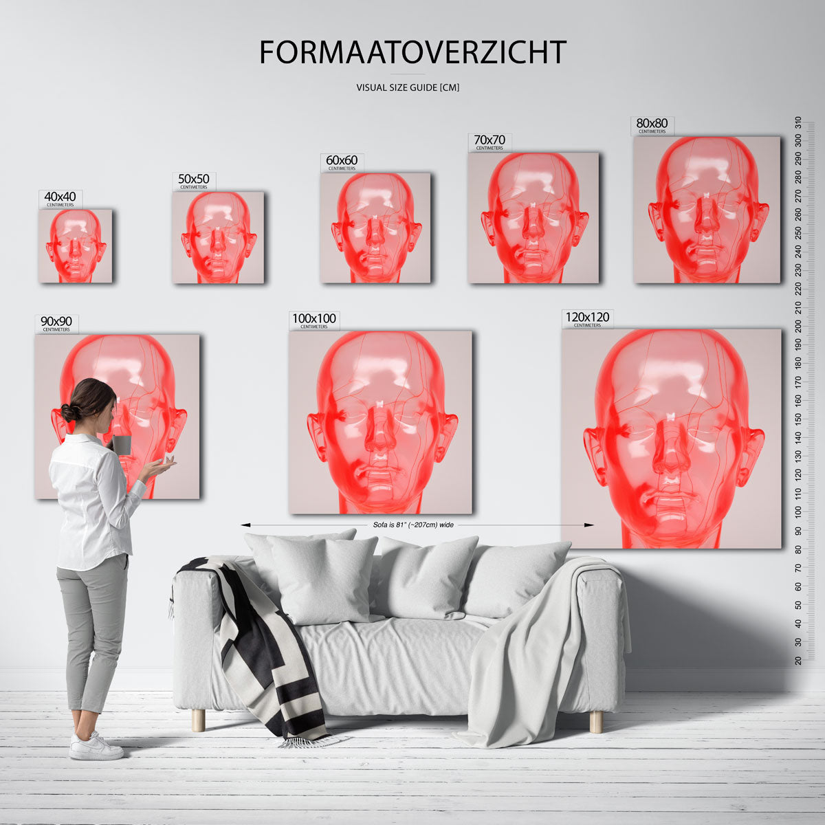 Transparant rood hoofd – vierkante muurposter met kleurrijke illustratie