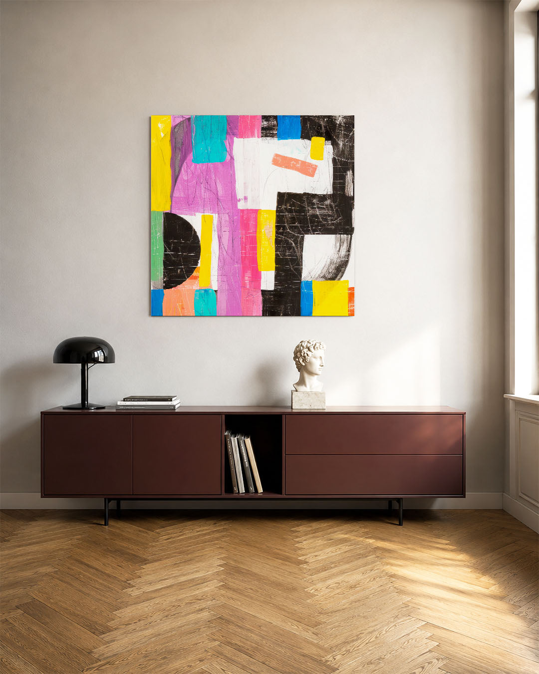 Kleurrijke geometrie kunstwerk – tweede productweergave – dit kunstwerk toont een dynamische compositie van rechthoeken en