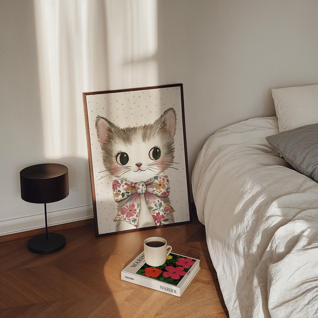 Schattige Kitten Poster met Bloemenstrik – kinderposter in staand formaat
