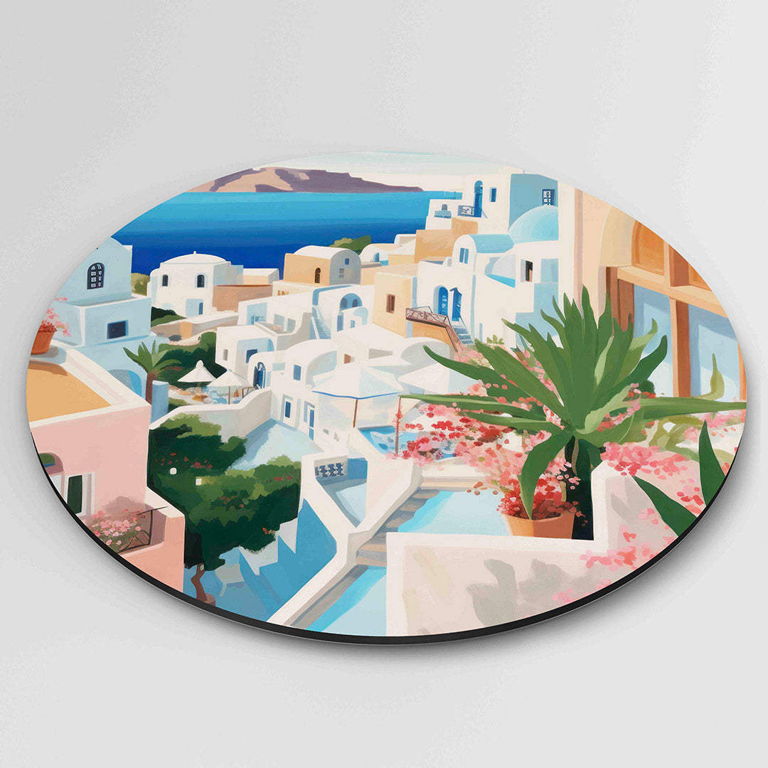 Mediterraanse huizen – ronde wanddecoratie met abstract ontwerp