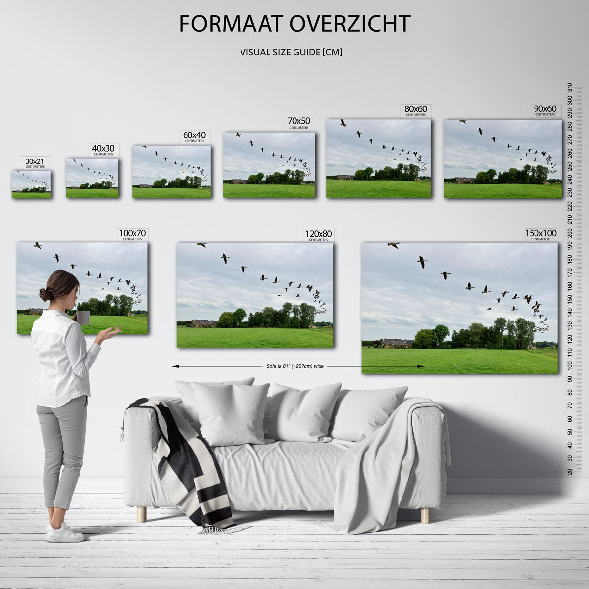 Vliegende vogels poster – sfeerbeeld – een groep vogels vliegt in formatie over een uitgestrekt groen veld met bomen en een