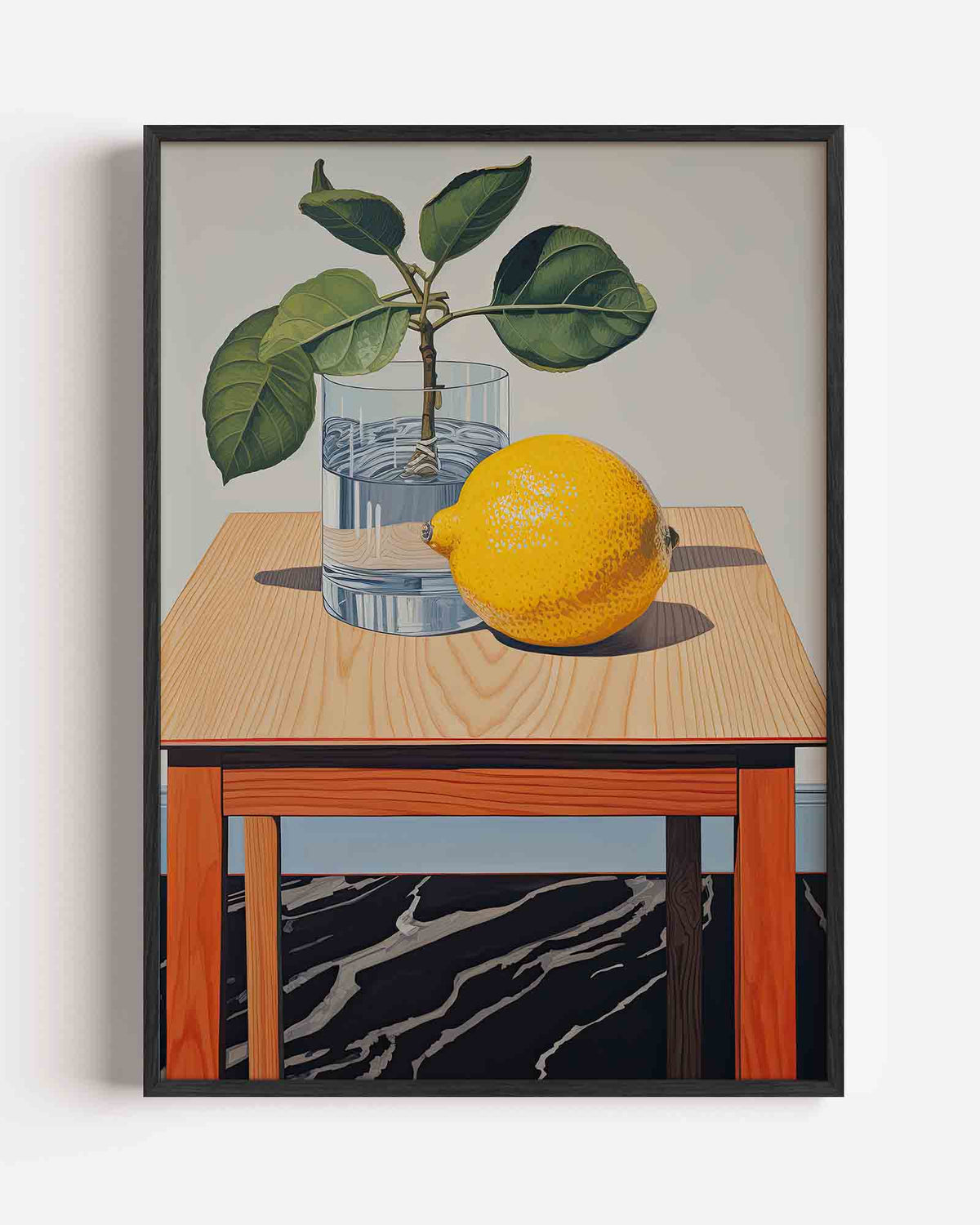 Citroen en plant op tafel – kleurrijke illustratie portret poster als wanddecoratie
