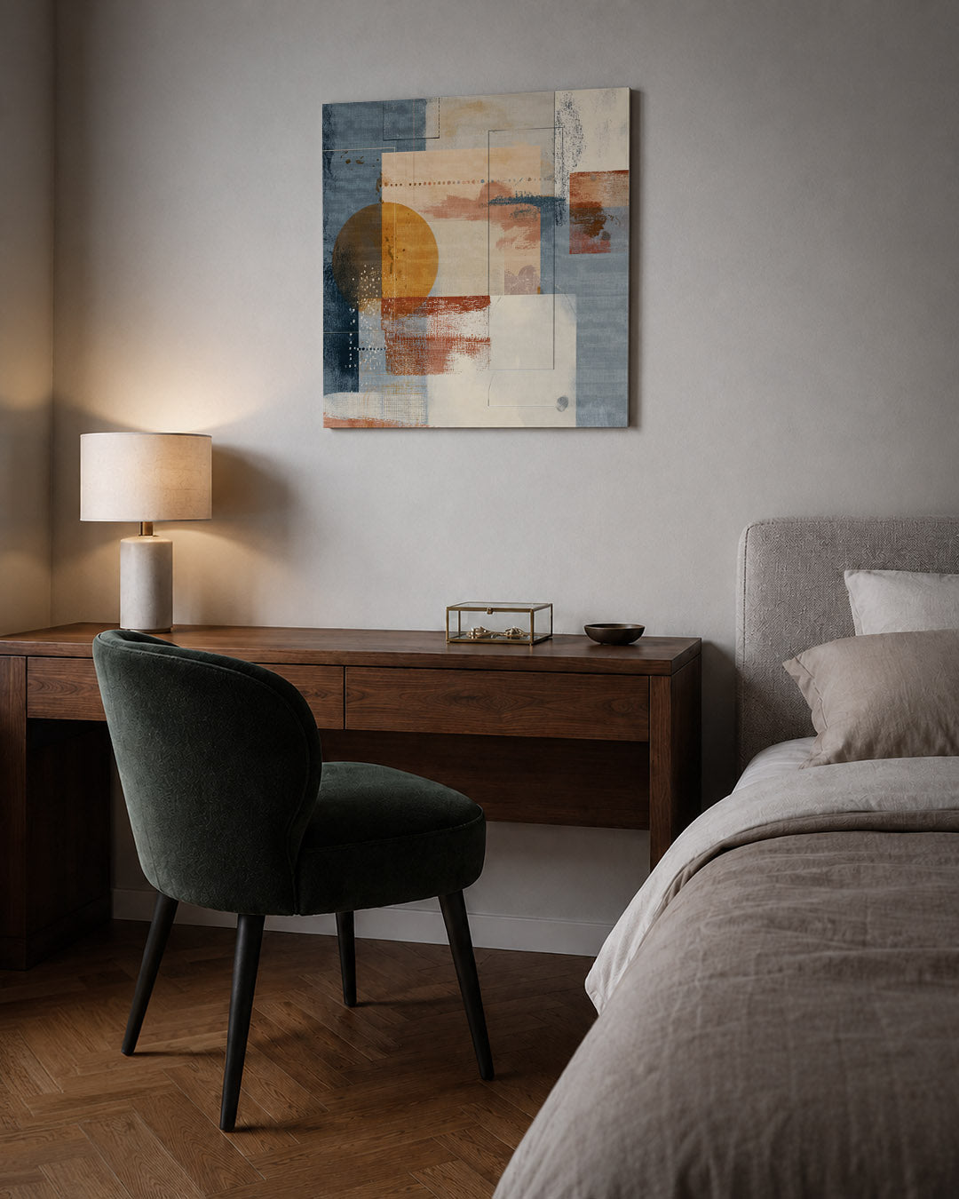 Geometrische kleurencompositie kunstwerk – sfeerbeeld – dit werk toont een dynamische mix van rechthoeken, cirkels en lijnen