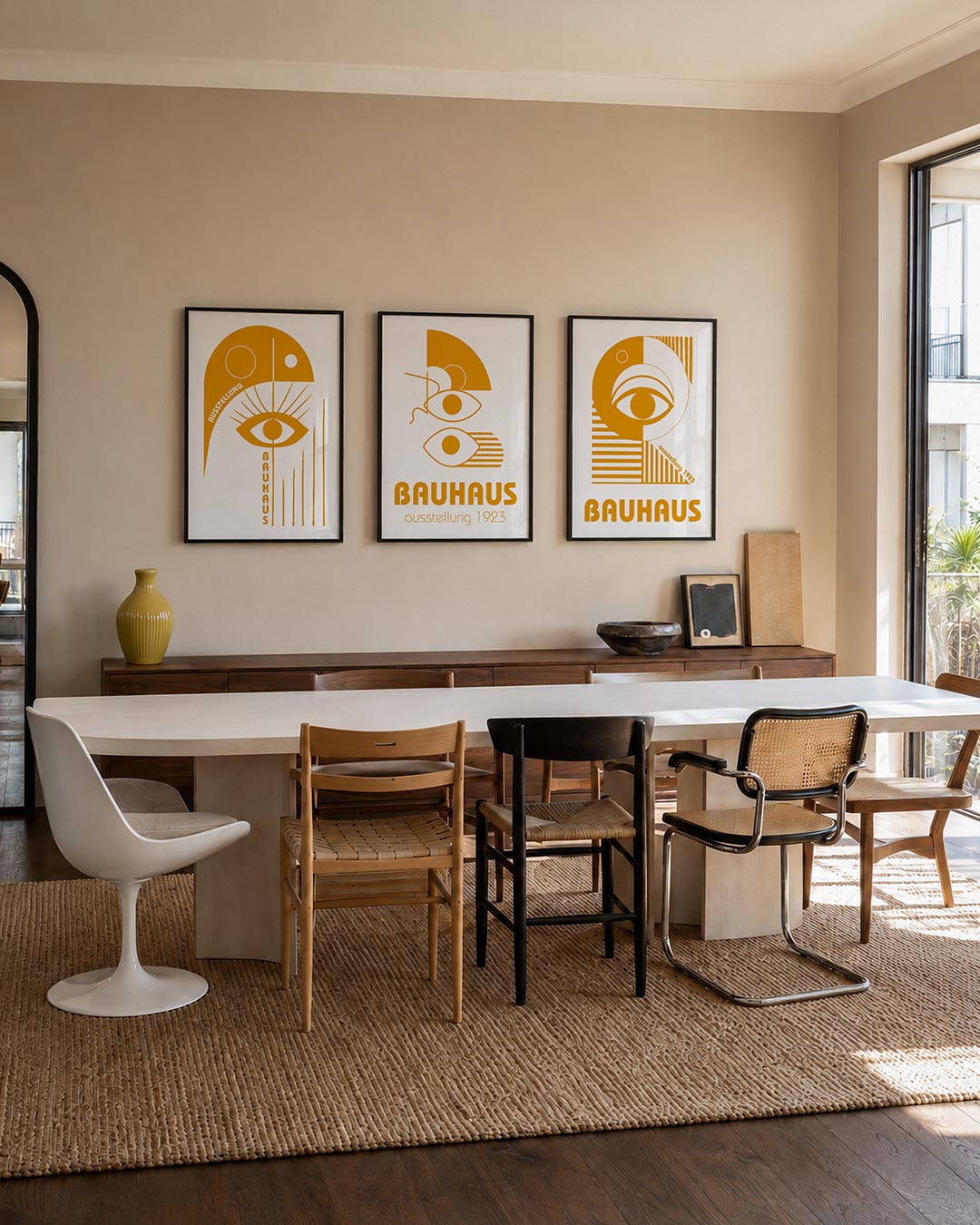 Oog en lijnen driedelige posterset – een opvallende oranje compositie met een groot oog centraal. Rechte lijnen en cirkels