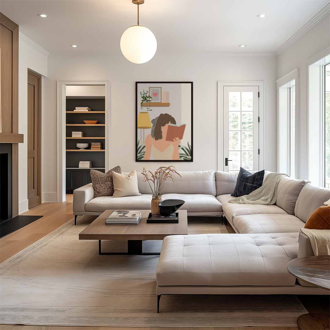 Lezende Vrouw in een Gezellige Kamer – canvas wanddecoratie in portret formaat