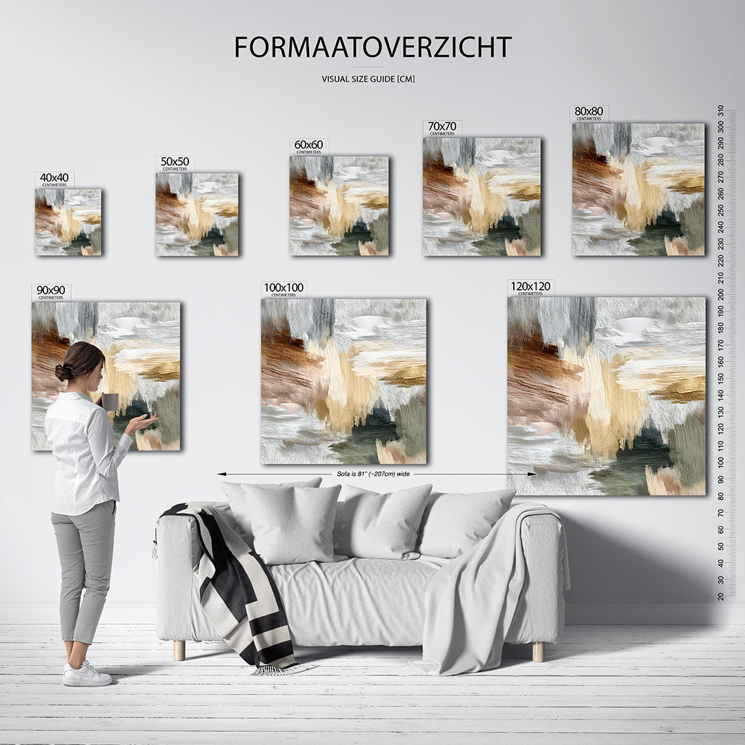 Dynamische kleurencompositie kunstwerk – materiaalweergave – dit werk toont een levendige mix van beige, bruin en grijs. De