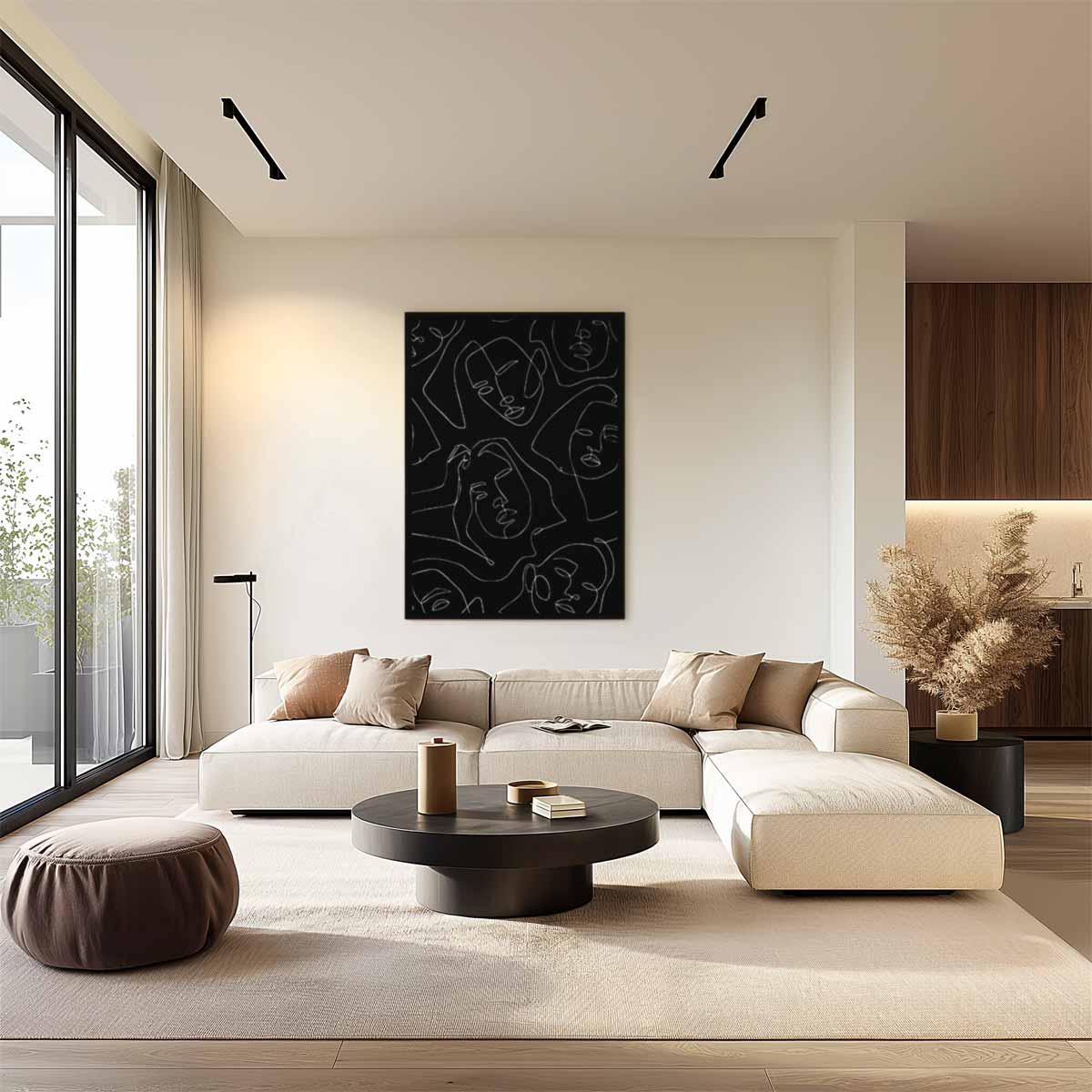 Lijngezichten op zwart – plexiglas wanddecoratie in portret formaat