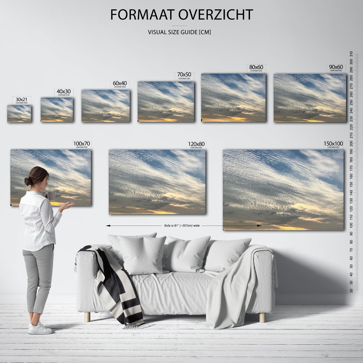 Luchtlandschap bij zonsondergang poster – sfeerbeeld – deze poster toont een uitgestrekt wolkendek met een kleurrijke