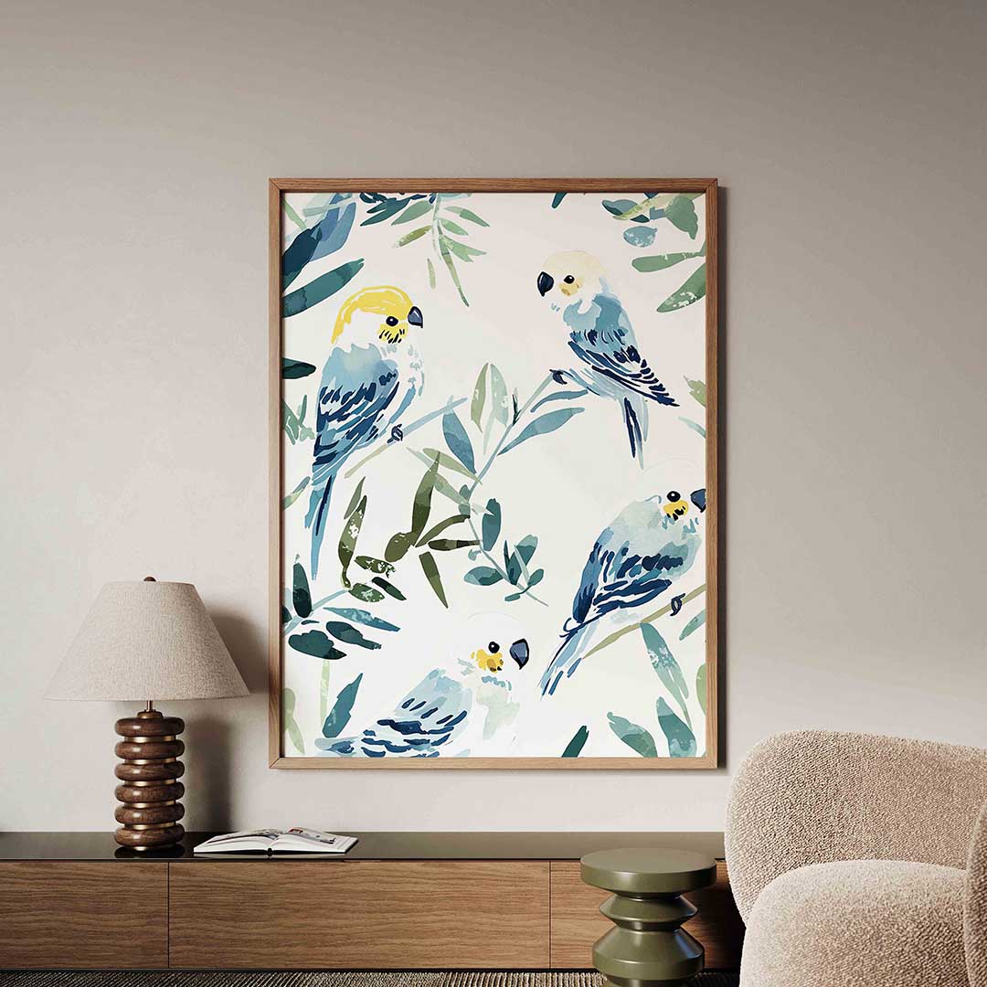 Papegaaien en bladeren – tropische jungle poster in staand formaat