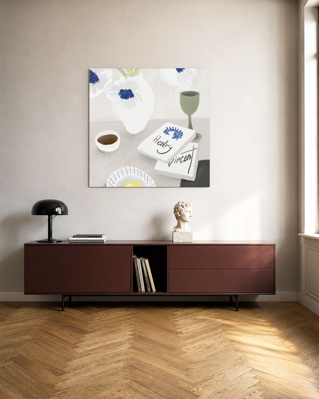 Bloemen en boeken kunstwerk – tweede productweergave – dit kunstwerk toont een stilleven met witte bloemen in een vaas