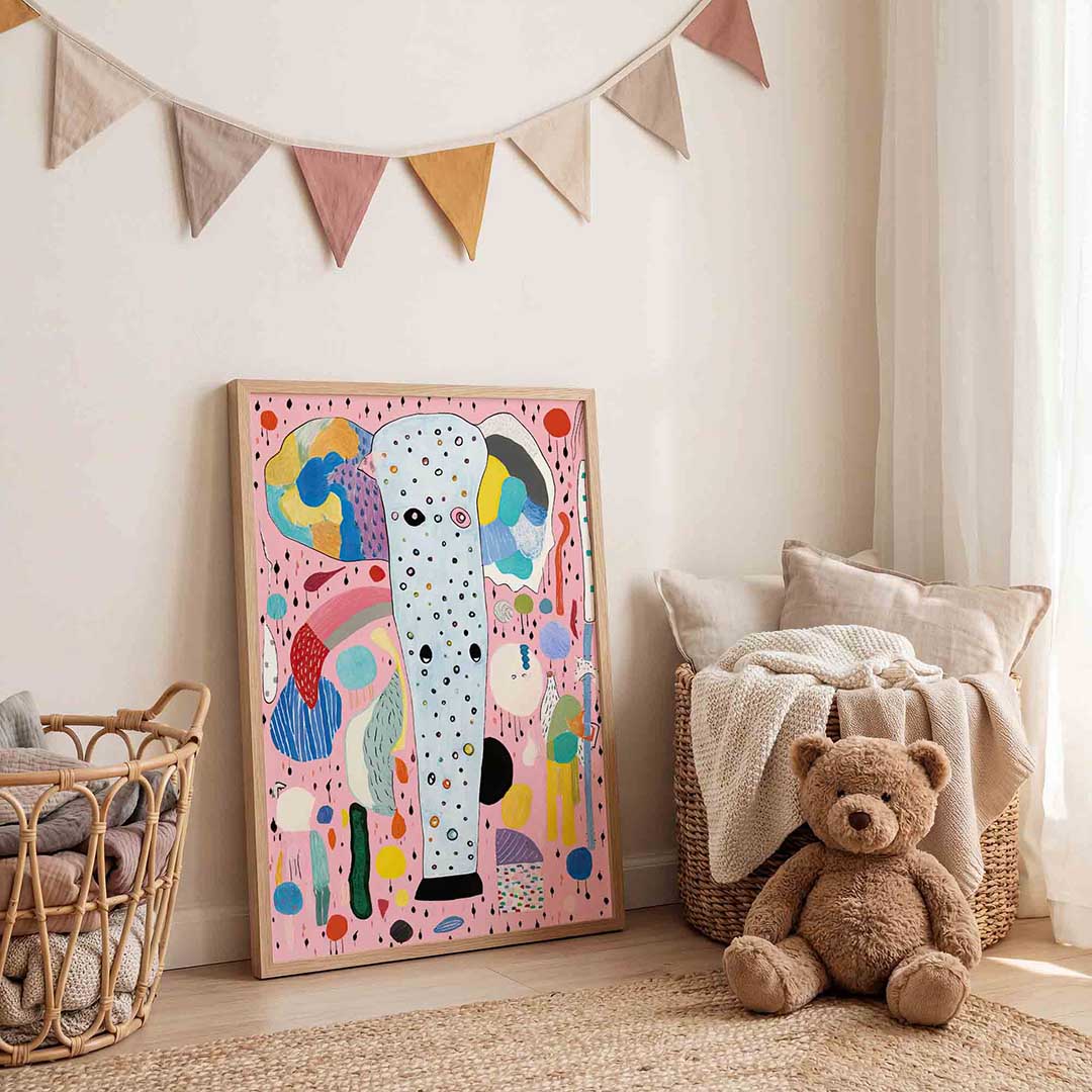 Abstracte vormen en kleuren – speelse wandkunst als portret kinderposter